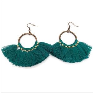 Dark Teal Tassel Round Drop Earrings